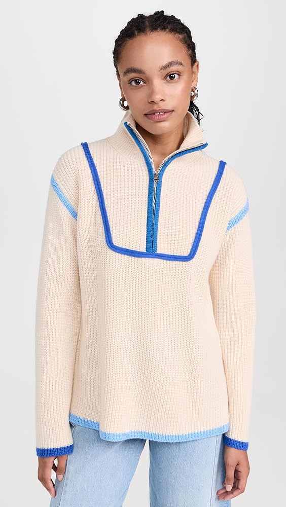 English Factory Women's Contrast Piping Quarter-Zip Sweater, Blue